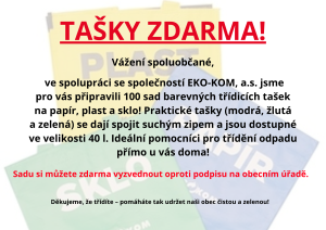 tašky na tříděný odpad zdarma k odběru na obecním úřadě